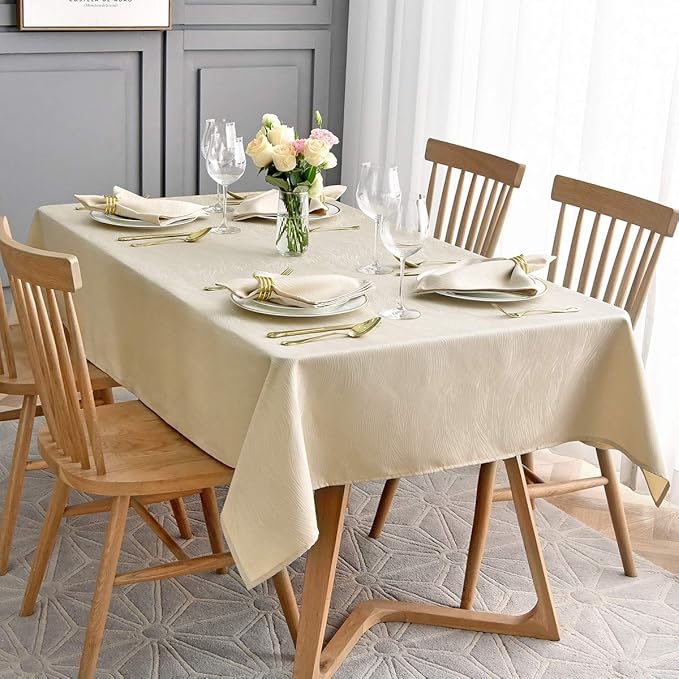 maxmill Jacquard Tablecloth Swirl Design Water Resistance Antiwrinkle Heavy Weight Soft Table Cloth for Buffet Banquet Parties Event Holiday Dinner Rectangle 60 x 84 Inch Beige