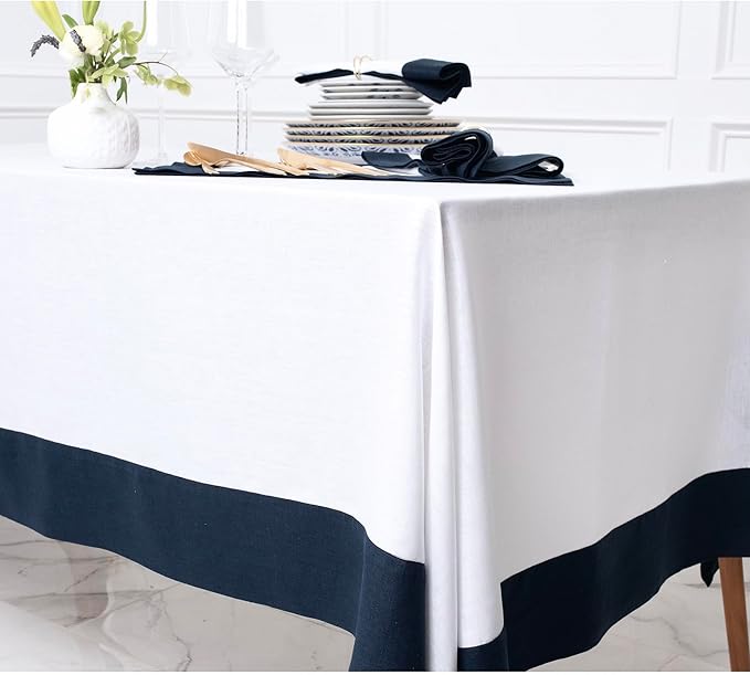 Solino Home Linen Tablecloth 60 x 90 Inch - 100% Pure Linen Navy and White Tablecloth for Rectangle Tables - Contempo, Machine Washable Table Cloth for Winter, New Year