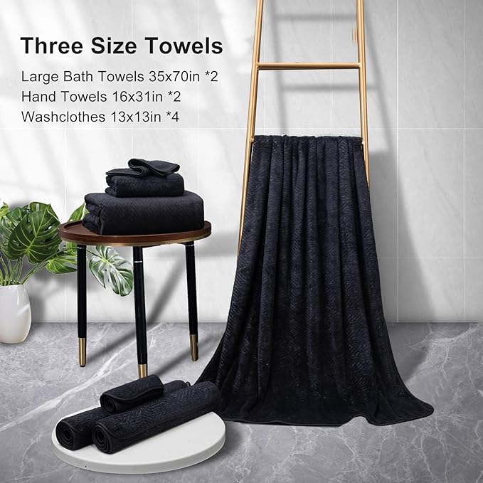 CHINO 8 Pieces Black Bath Towels Set, 2 Large Bath Towels 35x70/2 Hand Towels 16x31/4 Washcloths 13x13 Bath Sheets Oversized, Quick Dry Ultra Soft Towel Sets for Bathroom Hotel SPA Collection