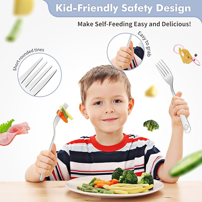 DRKIO Stainless Steel Toddler Forks Set - 6 Pieces Kids Forks Set Children Safe Food Grade Kids Silverware Small Forks Metal Toddler Utensils Dishwasher Safe Mirror Polished