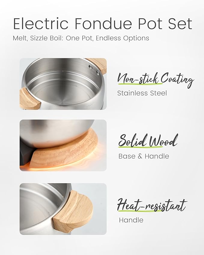 Sanenchue Fondue Pot, 6-Cup Electric Fondue Pot Set for Cheese & Chocolate, 8 Color-Coded Forks, Temperature Control, Stainless Steel Pot Set, Solid Wood Base and Handle, FD-24