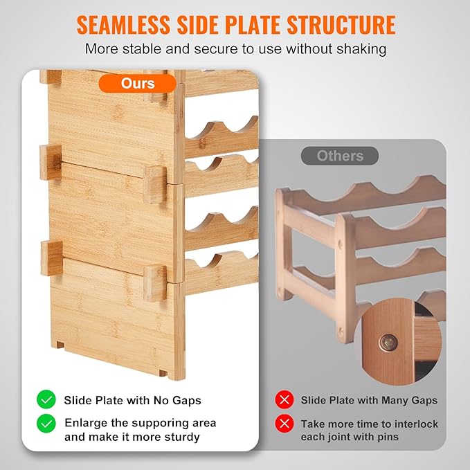 VEVOR 36 Bottle Stackable Modular Wine Rack, 4-Tier Solid Bamboo Wood Storage Racks, Floor Freestanding Wines Holder Display Shelf, Wobble-Free Shelves for Kitchen, Bar, and Cellar (Natural Color)