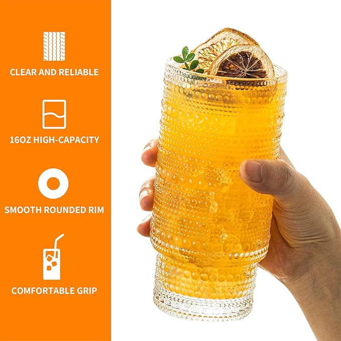 Romantic Highball Drinking Glasses Set of 4 , Beaded Glassware,16 oz Glasses Cups Set with Bamboo Lids Straws Brush Hobnail Glassware Set for Juice , Iced Coffee , Beer and Cocktail Whiskey,Soda