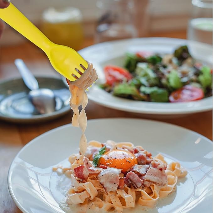 12 Pcs Kids Spoons and Forks Toddler Utensils Plastics Reusable Silverware Baby Cutlery Set Feeding Dinnerware Utensils BPA Free Microwave Dishwasher and Freezer Safe- Light Yellow