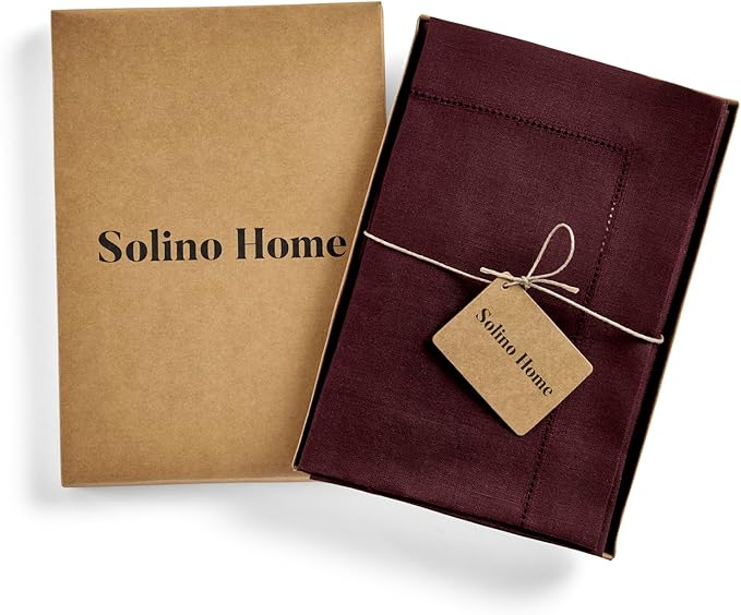 Solino Home Linen Cloth Napkins Set of 4-100% Pure Linen Burgundy Dinner Napkins 20 x 20 Inch for Valentines, Winter, New Year - Classic Hemstitch, Handcrafted and Machine Washable