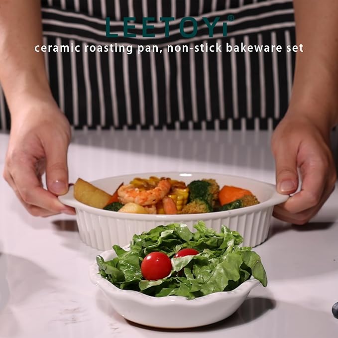 LEETOYI Porcelain Small Oval Au Gratin Pans, Baking Dish Set for 1 or 2 person servings, Bakeware with Double Handle for Kitchen and Home, Set of 2 (White)