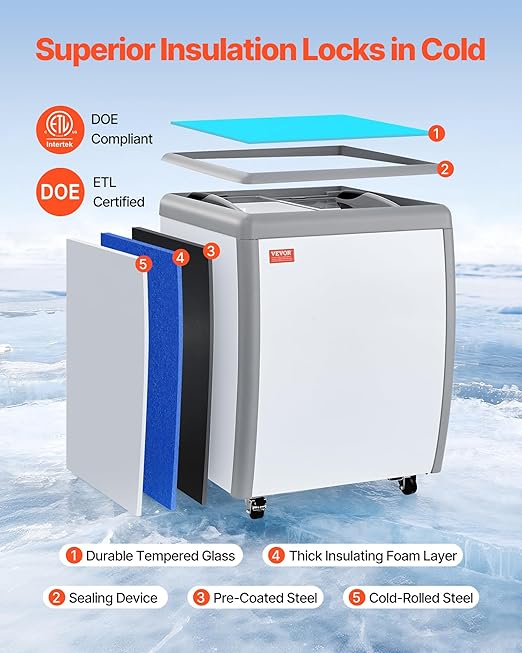 VEVOR Commercial Ice Cream Display Case, 5.6 Cu.ft Chest Freezer, Restaurant Gelato Dipping Cabinet Top Deep Freezer with Locking Casters, Sliding Glass Door, LED Lighting, Hold 4 Ice Cream Tubs