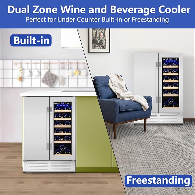 Wine and Beverage Refrigerator,24 Inch Dual Zone Wine Beverage Cooler, Built-in/Freestanding Beer and Wine Fridge with a Powerful Compressor, 20 Bottles and 88 Cans Capacity