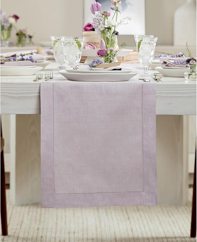 Solino Home Linen Table Runner 60 Inches - 100% Pure Linen Lilac Hemstitch Table Runner 14 x 60 Inch Ideal for Dresser and Coffee Tables, Valentines - Classic Hemstitch