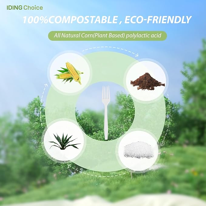 Compostable Forks No Plastic Silverware 200 count disposable cutlery flatware heavy duty party utensils Eco Friendly Heavyweight White Fork for Wedding Office BBQ Picnic Outdoor Event