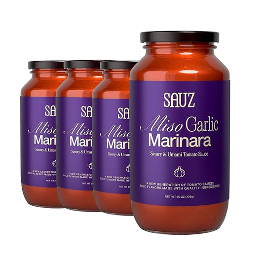 Sauz | Miso Garlic Marinara Sauce (4 Jars) Umami-Rich & Savory – Gluten-Free, Non-GMO, and 100% Delicious – Crafted in Small Batches with Clean Ingredients
