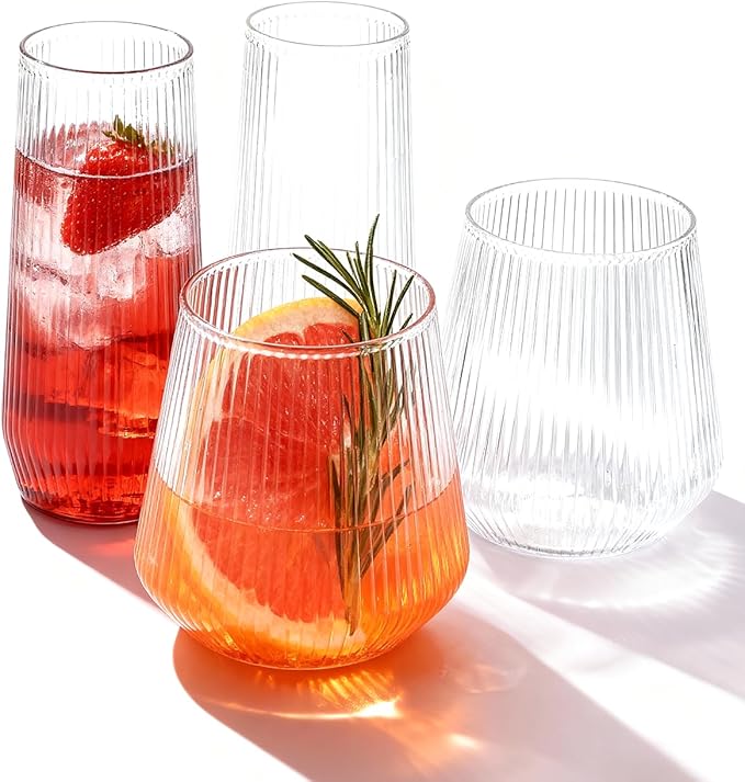 BESTSTAR 48 Pack Disposable Ribbed Origami Ripple Plastic Glasses Set - 24 9 OZ Stemless Champagne Flutes & 24 12OZ Cups, BPA-Free Shatterproof Clear Drinkware for Weddings, Parties & Events (Clear)