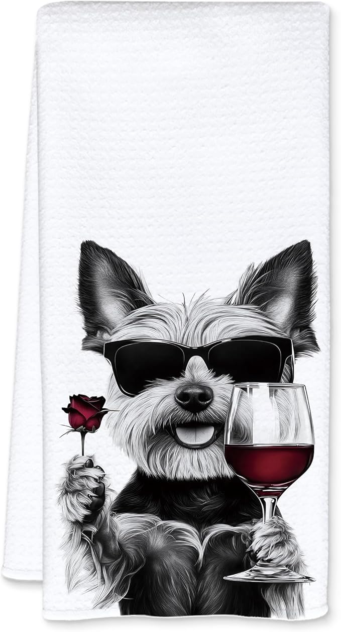 Funny Yorkshire Terrier Wine Kitchen Towels, Yorkshire Terrier Yorkie Gifts Dish Tea Towels for Kitchen Decor, Dog Lover Gift, Bar Towel for Bartender Kitchen, Wine Lover Gift, 16x24 Inch