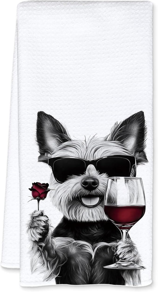 Funny Yorkshire Terrier Wine Kitchen Towels, Yorkshire Terrier Yorkie Gifts Dish Tea Towels for Kitchen Decor, Dog Lover Gift, Bar Towel for Bartender Kitchen, Wine Lover Gift, 16x24 Inch