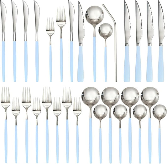 Astercook Silverware Set with Steak Knives 24-Piece Flatware Set for 4 Food-Grade Stainless Steel Blue Cutlery Set Mirror Polished Utensils Set Include Spoons and Forks for Home Kitchen Restaurant