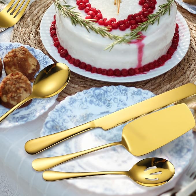 Gold Serving Utensils Set Stainless Steel Large Silverware 7 Piece Include Big Spoon Fork Cake Server Knife Pizza Spatula Pefect for Buffet Catering Flatware