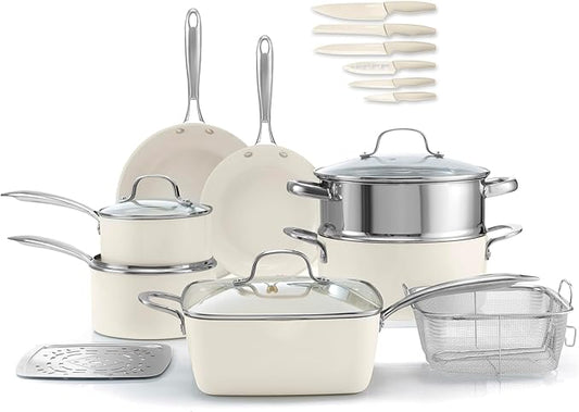 Gotham Steel 20pcs Pots and Pans Set Non Stick Ceramic Cookware Set with Deep Frying Pan Set & 6pc Knife Set, Improved Ti-Cerama Coating Made without PFOA PFOS Lasts 2x Longer, Oven & Dishwasher Safe