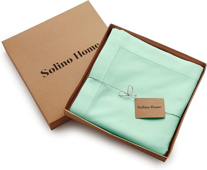 Solino Home Aqua Tablecloth 58 x 120 Inch - Cotton Linen Hemstitch Rectangular Tablecloth - Machine Washable Table Cloth for Winter