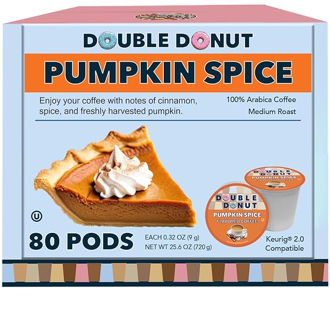 Double Donut Coffee Pumpkin Spice Coffee Pods, Single Serve Coffee for Keurig K Cups Machines, Medium Roast Pumpkin Pods, 80 Count
