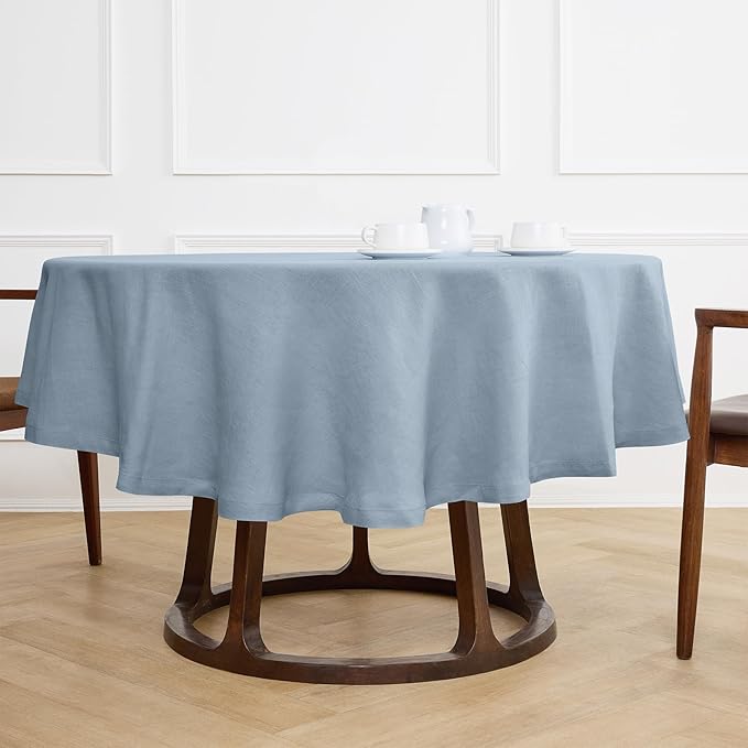 Solino Home Linen 60 Inch Round Tablecloth - 100% Pure Linen Dusty Blue Round Tablecloth - Machine Washable Table Cloth - Sonoma
