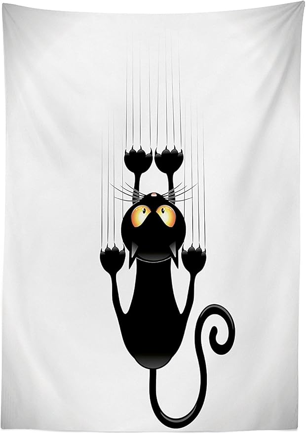 Ambesonne Funny Tablecloth, Naughty Cat Scratching The Wall with His Paws Grumpy Feline Humorous Kitten Graphic, Rectangular Table Cover for Dining Room Kitchen Decor, 60" X 90", Black White