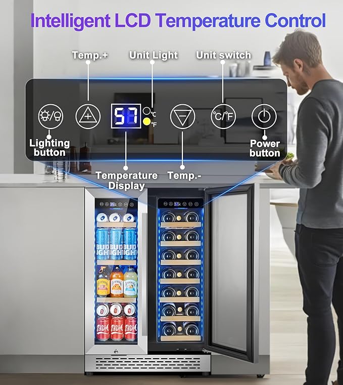 3 LED Wine and Beverage Refrigerator, 90 Can & 21 Bottle Dual Zone Stainless-Steel Wine Beverage Cooler, 24 Inch Built-In or Freestanding Wine and Drink Fridge Fast Cooling for Home/Kitchen