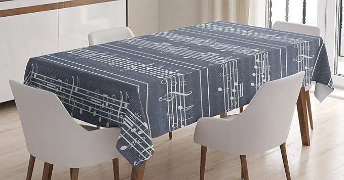 Ambesonne Grey Tablecloth, Classical Music Clay with Notes in Rhythm Jazz Song Melody Treble Clef Image Print, Dining Room Kitchen Rectangular Table Cover, 52" X 70", White