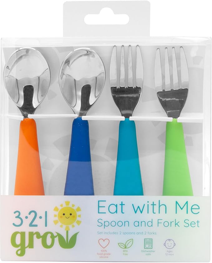 Eat with Me Spoon and Fork Set – Toddler Utensils with Easy-Grip Silicone Handles – Kid-Sized & Safe Stainless Silverware – Promotes Independent Eating – Dishwasher Safe (Ocean)