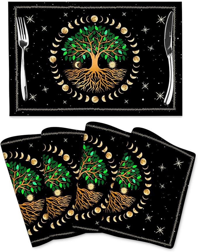 Black Placemats Set of 4, Ancient Life Tree Decorative Place Mats for Dining Table Decor, Linen Washable Table Mats for Kitchen Outdoor Party Home Moon Luna Hippy Decor 12"x18"