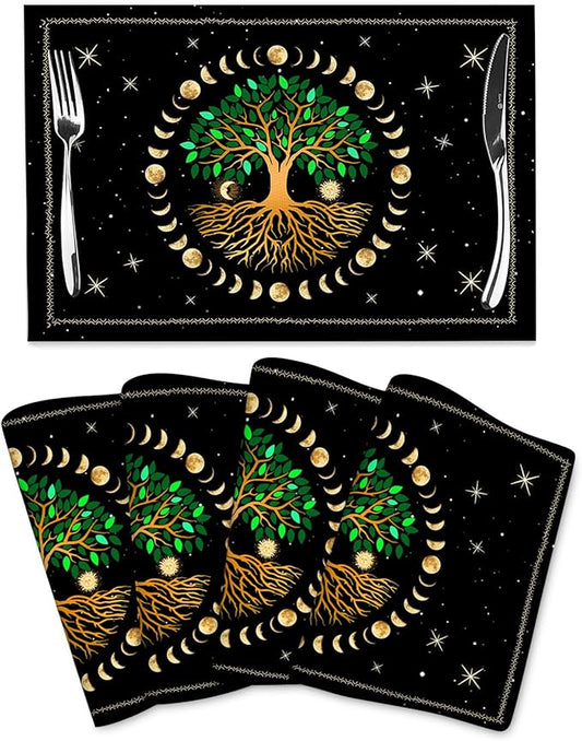 Black Placemats Set of 4, Ancient Life Tree Decorative Place Mats for Dining Table Decor, Linen Washable Table Mats for Kitchen Outdoor Party Home Moon Luna Hippy Decor 12"x18"