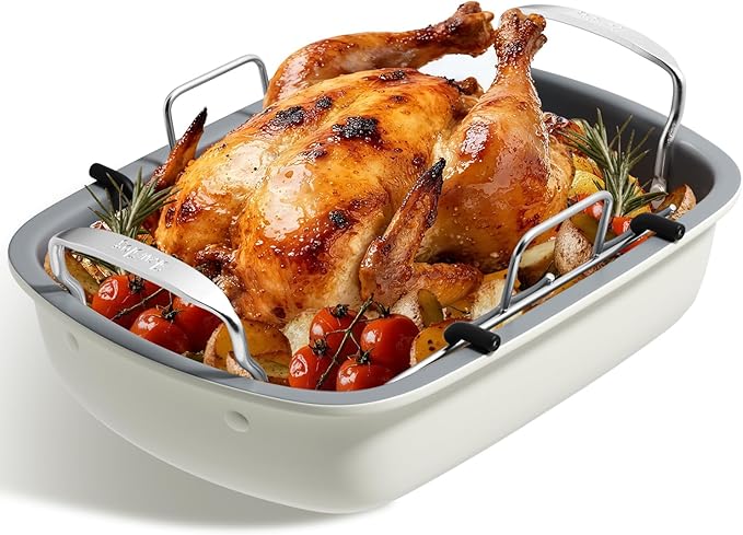 Roasting Pan, 17 Inch x 13 Inch Roaster with Removable Rack, Nonstick Roaster Pan for Roasting Turkey, Meat & Vegetables (Beige)