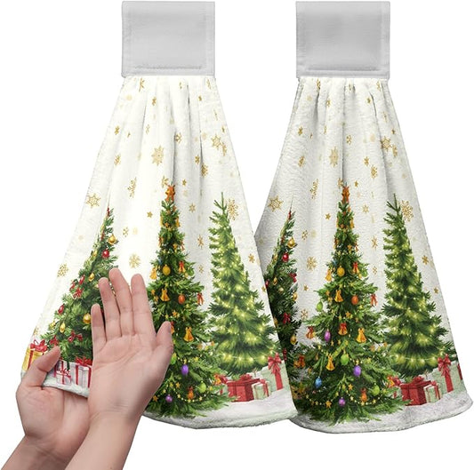 Xmas Tree Hanging Kitchen Towels Winter Holiday Hand Tie Towel Snowflakes Dish Towels with Loop Soft Absorbent Dishcloth for Bathroom Kitchen