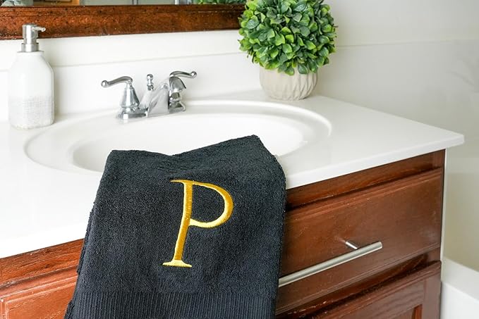 Black Monogrammed Hand Towel for Bathroom - Initial Hotel Quality Decorative Embroidered Luxury Towel for Powder Room, Spa - GOTS Organic Certified - Pack of 2, Letter P