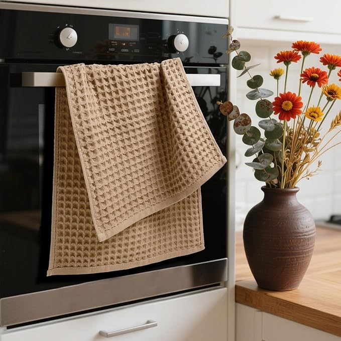 Jacquotha Waffle Bathroom Hand Towels 5-Piece (Tan) – Cotton, Soft, Lightweight, Lint Free, 13” x 29”