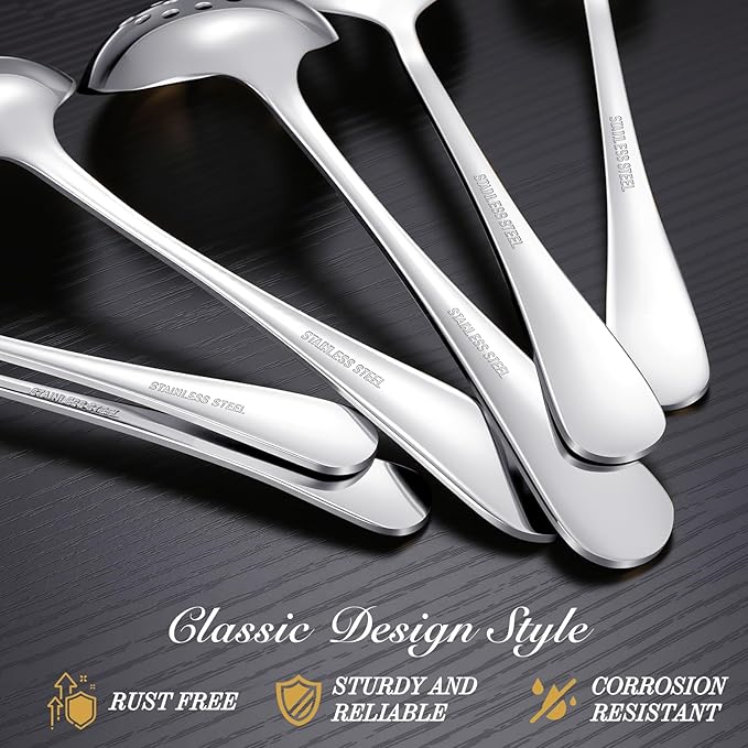 MWELLEWM 17Pcs Serving Utensils, Silver Stainless Steel Large Serving Spoons, Slotted Spoon, Fork, Tongs, Cake Pie Server, Soup Spoon Metal Buffet Banquet Cutlery Set for Parties Entertaining Catering