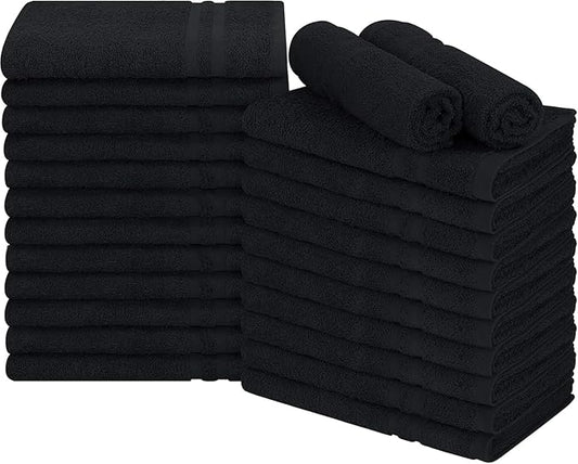24 Pack Premium Hand Towels – 100% Cotton, Soft & Highly Absorbent – 16x27 Inches, Black Bulk Towels for Bathroom, Spa, Gym & Daily Use