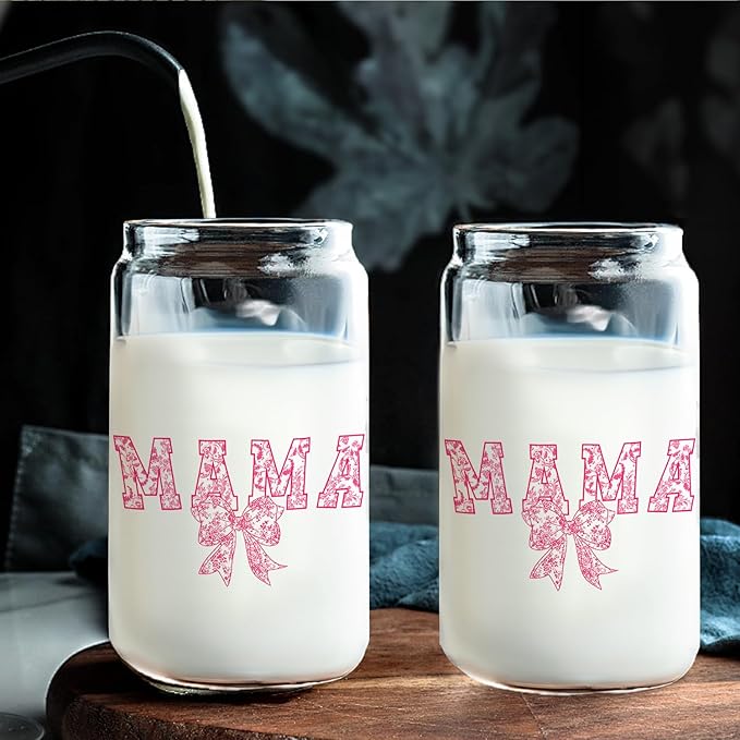 Pink Bow Mama Glass Cup with Lids and Straws 14oz, Best Mother's Day Birthday Gifts for Mama Mom Gifts from Daughters Sons Glass Iced Coffee Tumbler Drinking Jars with Cleaning Brush