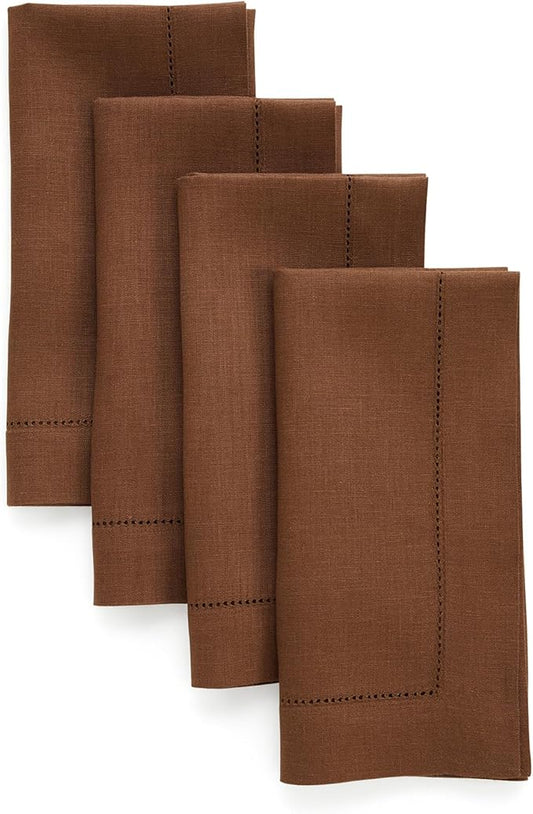 Solino Home Brown Linen Napkins Set of 4-100% Pure Linen Hemstitch Dinner Napkins 20 x 20 Inch - Classic Hemstitch