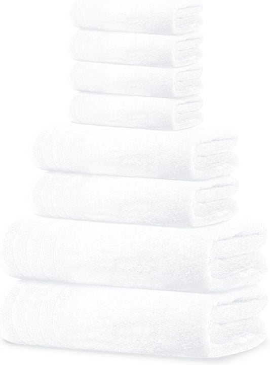 Tens Towels Pack of 8 Towels Set, 2 Extra Large Bath, 2 Hand, 4 Washcloths, 100% Cotton, Lighter Weight, Quicker to Dry, Super Absorbent, Perfect for Bathroom, White