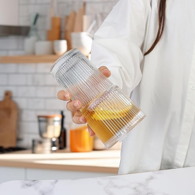 Ribbed Drinking Glasses,with Lids and Straws Glass Cup,19oz Glass cup,6 Pack Old Fashioned Glasses,Thickened for iced coffees,cocktails and juices, perfect for families and parties (6)