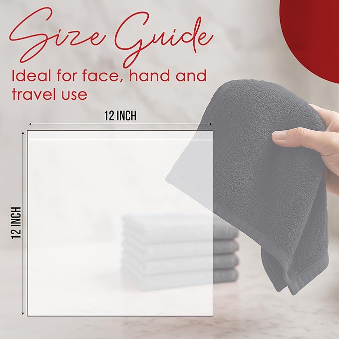 RIVERSIDE 12 Pack Washcloths - 12x12 Inches, 400 GSM, 100% Ring-Spun Cotton - Soft, Absorbent & Durable Face and Body Towels - for Bathroom, Spa, Gym, Makeup Removal & Everyday Use - Charcoal