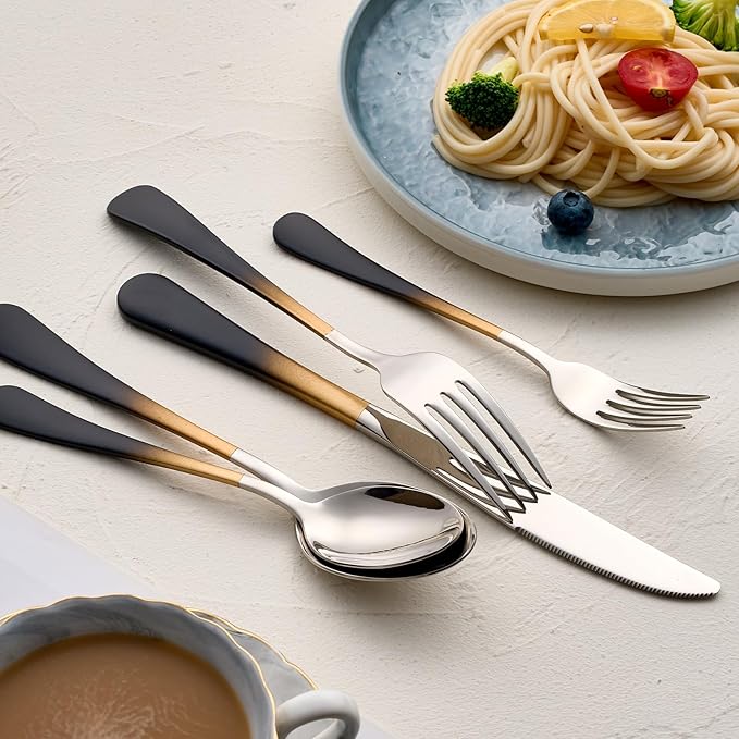 20-Pieces Black gold Silverware Sets for 4,Black gold Handle Stainless Steel Cutlery Set, Include Forks Spoons and Knives Set, Dishwasher Safe Utensil Sets for Home Restaurant
