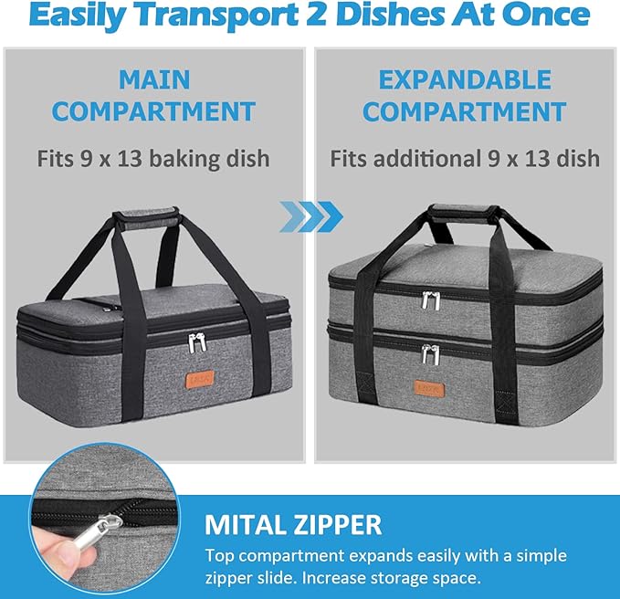 LHZK Insulated Casserole Carrier - Expandable Holder Tote for Hot or Cold Food, Fits 11 x 15 or 9 x 13 Baking Dishes - For Potlucks, Picnics, Beach (Grey)