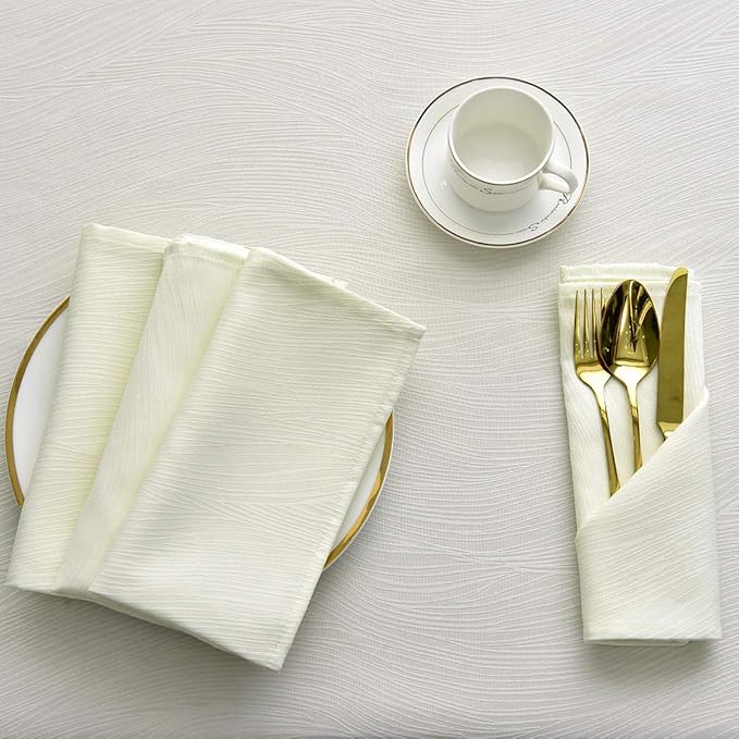 maxmill Jacquard Cloth Napkin 20 x 20 Inch Swirl Pattern Solid Washable Polyester Dinner Napkins Set of 4 with Hemmed Edges Great for Family Holiday Dinners Weddings Parties and Banquets Ivory