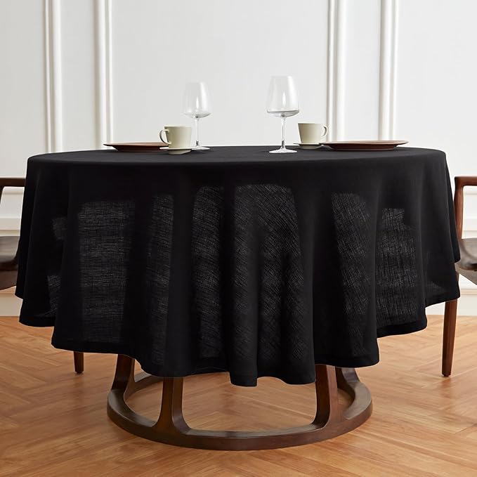 Solino Home Linen 60 Inch Round Tablecloth - 100% Pure Linen Black Round Tablecloth - Machine Washable Table Cloth for Winter, Holiday, New Year - Sonoma