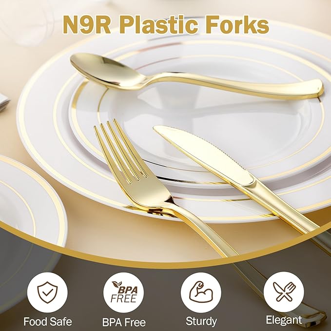 N9R 30PCS Gold Plastic Forks Disposable, Solid, Durable and Heavy Duty Plastic Forks Only, Gold Forks Disposable for Parties, Weddings and other Formal Events