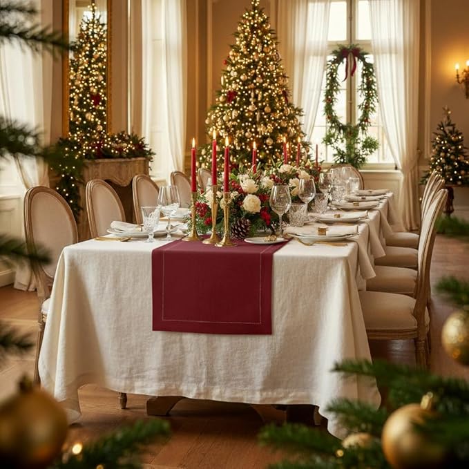 D'Moksha Homes Linen Dark Red Table Runner 132 Inches Long - 100% Pure Linen Extra Long Table Runner 14 x 132 Inch for Winter, Holiday, New Year - Classic Hemstitch