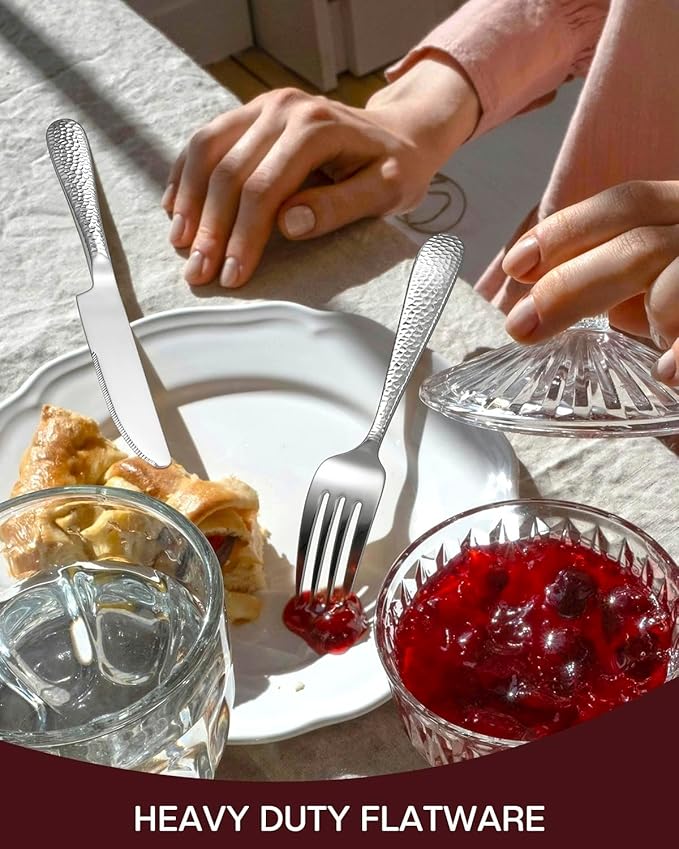Hammered Silverware Set, EUIRIO 20-Piece Heavy Duty Cutlery Set for 4, Stainless Steel Flatware Set, Food-Grade Utensil Sets Includes Spoons Forks and Knives, Mirror Finish Dishwasher Safe