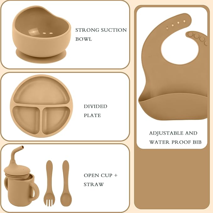 6-Piece Baby Feeding Set, Silicone Baby Mealtime Kit for Food-Grade Strong Suction Baby Plate+Baby Cup+ Bib+Fork+Spoon+Bowl, Toddler Eating Essentials Washable Parenting Gift Idea (Yellow)