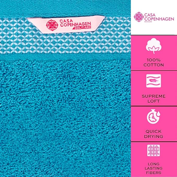 CASA COPENHAGEN Solitaire 6 Pieces Towel Set- Teal Blue, 600 GSM 2 Bath Towel 2 Hand Towel 2 Washcloth, Designed in Denmark Made of Soft Egyptian Cotton for Bathroom, Kitchen & Shower